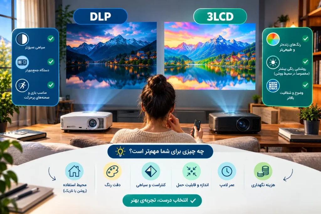 راهنمای انتخاب ویدئو پروژکتور DLP یا 3LCD بر اساس کیفیت تصویر، نور محیط، دقت رنگ، عمر لامپ و هزینه نگهداری