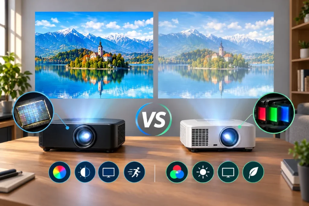 مقایسه ویدئو پروژکتور DLP و LCD از نظر کیفیت تصویر، وضوح رنگ&zwnj;ها و فناوری نمایش تصویر با دو دستگاه در یک محیط داخلی