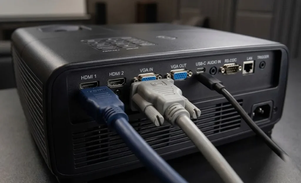 نمایی نزدیک از پنل پشت یک ویدئو پروژکتور و پورتهای اتصال مختلف مانند HDMI و VGA به همراه کابلهای متصل نمایی نزدیک از پنل پشت یک ویدئو پروژکتور و پورتهای اتصال مختلف مانند HDMI و VGA به همراه کابلهای متصل