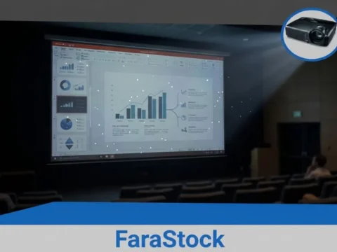 نمای سالن کنفرانس با مشکل علت نقطه سفید روی تصویر ویدئو پروژکتور (خرابی چیپ DMD) روی پرده نمایش - خدمات تخصصی فرااستوک